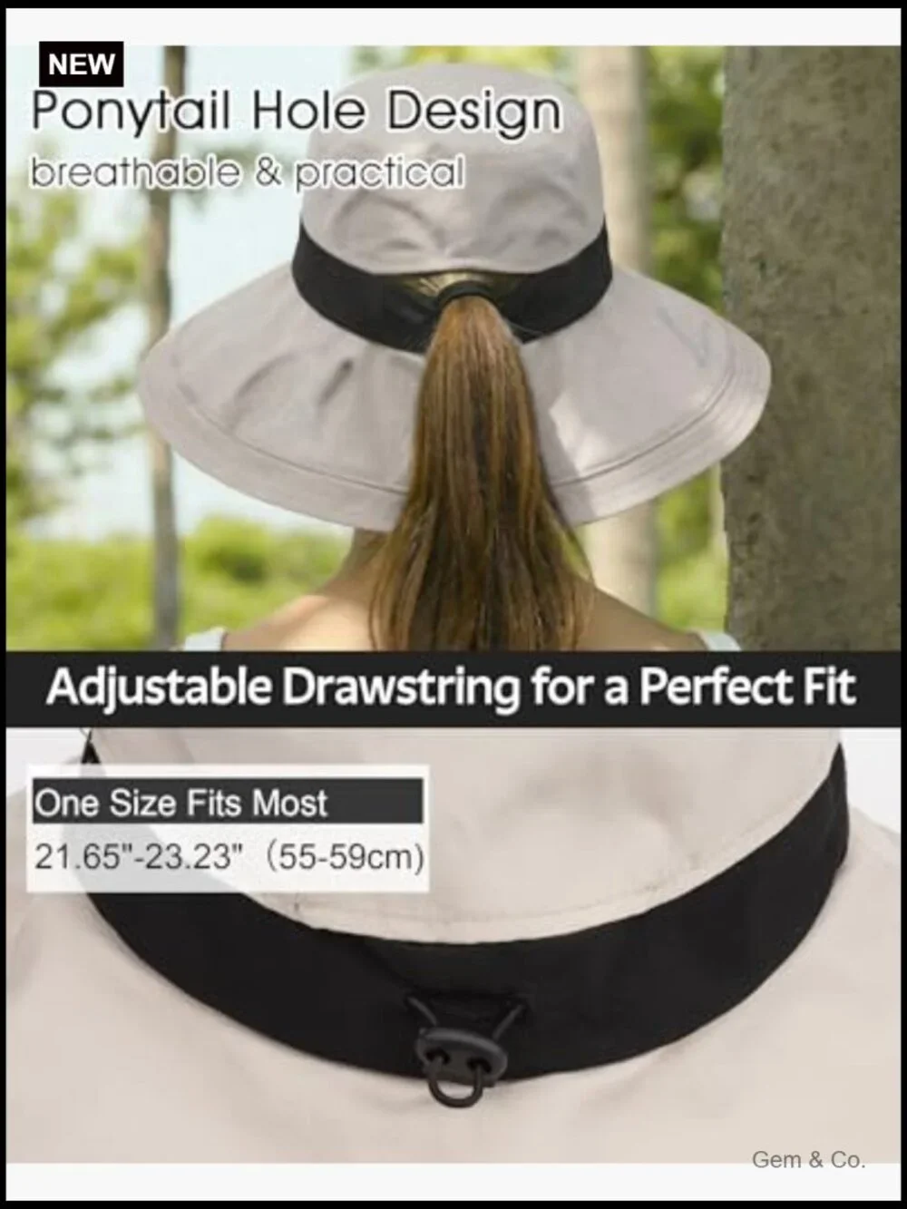 Women's Wide Brim Bucket Hat with Ponytail Hole, UPF 50+ Sun Protection,